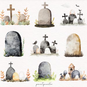 May include: Watercolor illustrations of tombstones and crosses in various arrangements. The designs feature gray and brown tombstones with crosses, some with foliage and birds. The style is soft and artistic, perfect for Halloween or spooky-themed projects.