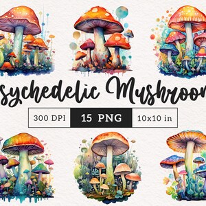 Clipart aquarelle champignon psychédélique haute qualité PNG forêt fantastique champignon vénéneux clipart champignons Sublimation journalisation clipart magie