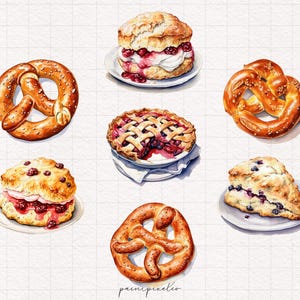 May include: A watercolor painting of various baked goods, including a pretzel, a scone with whipped cream and berries, a pie with a lattice crust, and a scone with blueberries. The painting is on a white background with a grid pattern.