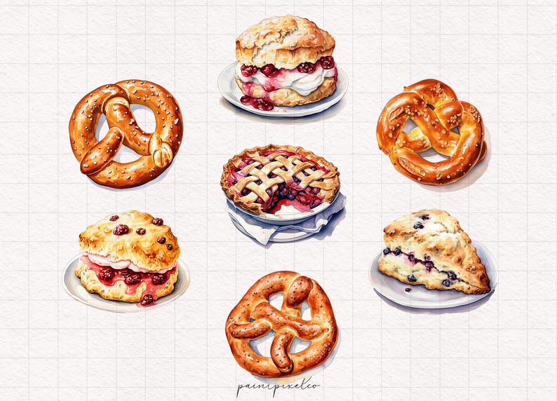 May include: A watercolor painting of various baked goods, including a pretzel, a scone with whipped cream and berries, a pie with a lattice crust, and a scone with blueberries. The painting is on a white background with a grid pattern.