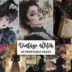 May include: A collection of watercolour illustrations with a vintage witch theme. The images include portraits of women in witch attire, a witch with a cauldron, and a book with handwritten text. The text "Vintage Witch" and "60 Printable Pages" are also included.
