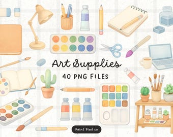 40 Künstlerbedarf Clipart Bundle - Pastell Kunst Werkzeuge PNG Bilder (Kommerzielle Nutzung) (Digitaler Download)