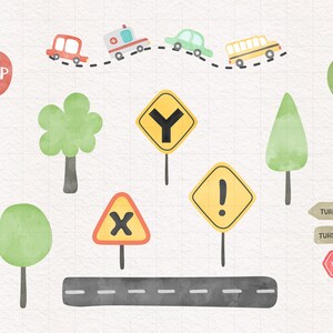 May include: A set of watercolor illustrations of traffic signs, trees, and cars. The signs include stop, go, turn left, turn right, yield, and a warning sign. The cars are a red car, a yellow school bus, a green car, and an ambulance. The trees are green and have a watercolor effect.