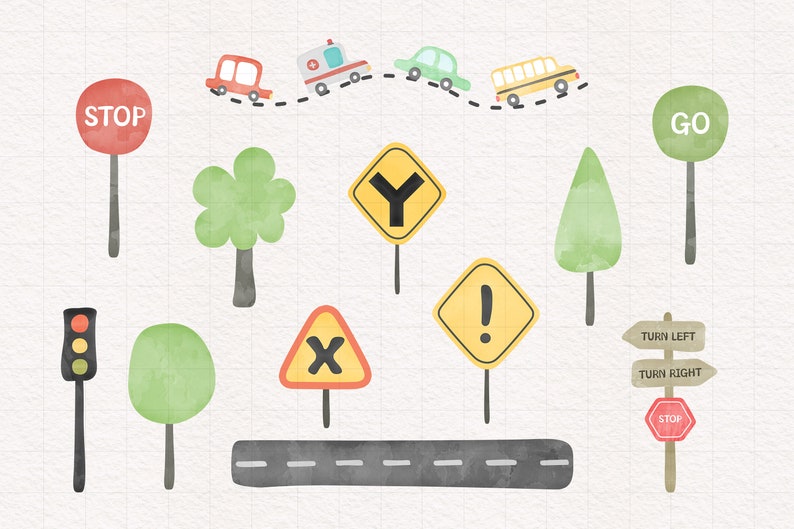 May include: A set of watercolor illustrations of traffic signs, trees, and cars. The signs include stop, go, turn left, turn right, yield, and a warning sign. The cars are a red car, a yellow school bus, a green car, and an ambulance. The trees are green and have a watercolor effect.