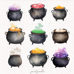 May include: Watercolor illustration of nine black cauldrons with bubbling potions in various colors, including purple, red, orange, and green. Each cauldron has a unique bubbling effect, perfect for Halloween or fantasy-themed projects.