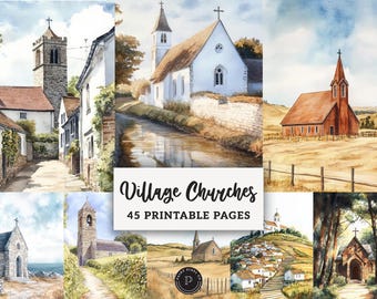 Village Churches Junk Journal Papers - Country Church Scenes Printable - Scrapbook Ephemera Digital Backgrounds JPG