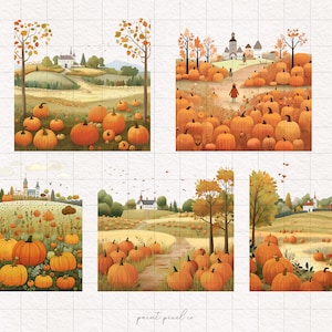 May include: A digital illustration of a fall scene with a small town in the background and a field of pumpkins in the foreground. The pumpkins are various shades of orange and yellow. The illustration is in a cartoon style.