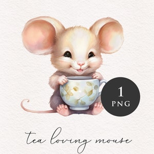 Mouse drinking tea PNG clipart vintage animal Clip art nursery adorable rodent graphics woodland PNGs Sublimation Card making Journaling