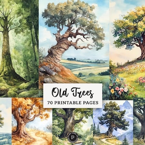 May include: A collection of watercolor paintings featuring old trees in various settings. The images showcase trees with lush green foliage, gnarled trunks, and colorful landscapes. Text on the image reads "Old Trees" and "70 Printable Pages."