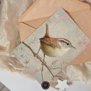 May include: A watercolor print of a Carolina Wren perched on a branch, set against a backdrop of vintage script and floral accents. The bird features brown, tan, and white feathers. The print is on a square card, with a brown envelope.