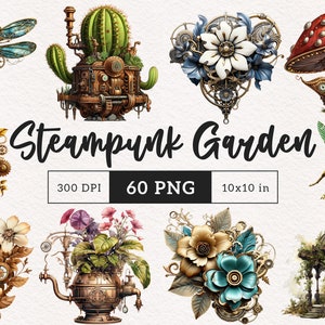 Steampunk tuin clipart steampunk bloemen PNG eigenzinnigheid ephemera boeketten ongewenste dagboek Victoriaanse insecten metalen cactus Fantasy DTF scrapbooking