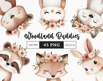 May include: Watercolor illustration featuring six woodland animal characters: a bear, owl, fox, raccoon, bunny, and squirrel. Each animal is adorned with a floral crown. The text "Woodland Buddies" is displayed above a box with "45 PNG" and "10x10 in".