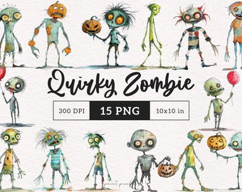 May include: A set of 15 digital illustrations of quirky zombies in various poses. The zombies are drawn in a watercolor style and have a variety of expressions. The illustrations are perfect for adding a spooky touch to your Halloween projects.