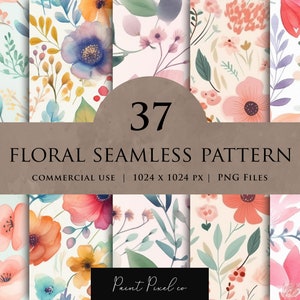 May include: A set of 37 floral seamless patterns featuring watercolor flowers in various colors, including pink, blue, yellow, and orange. The patterns are 1024 x 1024 pixels and are available as PNG files. The text "37 FLORAL SEAMLESS PATTERN COMMERCIAL USE | 1024 x 1024 PX | PNG FILES Paint Pixel co" is displayed at the bottom of the image.