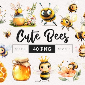 Honey Bee PNG Whimsical Watercolor BumbleBee character Clipart Spring Nursery Decor Baby Wall Art graphics Scrapbook illustration Honey