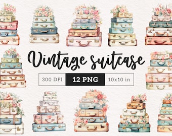 May include: Twelve watercolor illustrations of vintage suitcases stacked in various arrangements, each adorned with delicate floral bouquets. The suitcases are in shades of pink, blue, green, and brown, with gold accents. The text "Vintage Suitcase" is written in a decorative font.