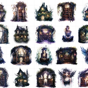 K&ouml;nnte beinhalten: Eine digitale Collage aus 20 Bildern mit fantasievollen, m&auml;rchenhaften H&auml;usern und Figuren. Die H&auml;user sind aus Holz und Stein gebaut, mit Efeu und Ranken, die &uuml;ber sie wachsen. Sie haben Fenster und T&uuml;ren, und einige haben Schornsteine. Die Figuren sind Frauen mit langen Haaren und flie&szlig;enden Kleidern. Sie sind von Blumen und B&auml;umen umgeben. Die Bilder sind in Aquarelltechnik gemalt, mit sanften Farben und zarten Details.