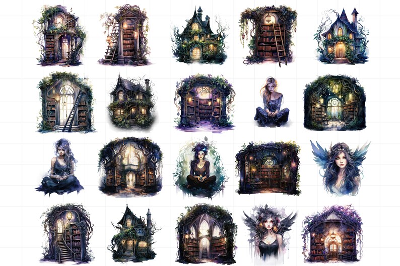 K&ouml;nnte beinhalten: Eine digitale Collage aus 20 Bildern mit fantasievollen, m&auml;rchenhaften H&auml;usern und Figuren. Die H&auml;user sind aus Holz und Stein gebaut, mit Efeu und Ranken, die &uuml;ber sie wachsen. Sie haben Fenster und T&uuml;ren, und einige haben Schornsteine. Die Figuren sind Frauen mit langen Haaren und flie&szlig;enden Kleidern. Sie sind von Blumen und B&auml;umen umgeben. Die Bilder sind in Aquarelltechnik gemalt, mit sanften Farben und zarten Details.