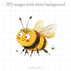 7 Cute HoneyBees JPG Clipart Whimsical Insects Silly Watercolor Bees Sublimation Bumblebee card making Mixed Media craft JPGs commercial use
