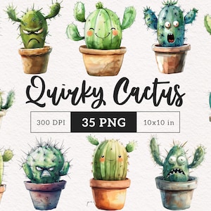 Cactus drôle PNG dessin animé lunatique cactus en pot clipart émotions insolites amateurs de plantes Sublimation papier artisanat Junk Journal Kit imprimable