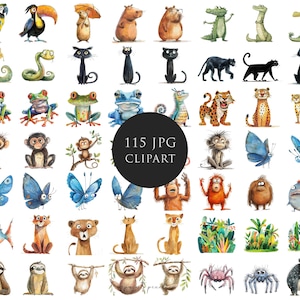 115 animaux de la forêt tropicale originaux JPG clipart sublimation lunatique clipart illustration drôle mignon carte faisant usage commercial de techniques mixtes JPG