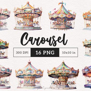 Pastel Carousel Clipart Dessert PNG Watercolor Carousel Nursery Art Graphics Carnival Clipart Aesthetic Pony Pegasus DTF Carnival fun ride