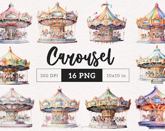 Pastel Carousel Clipart Dessert PNG Watercolor Carousel Nursery Art Graphics Carnival Clipart Aesthetic Pony Pegasus DTF Carnival fun ride