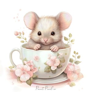 11 Mouse clipart High Quality JPGs Watercolor Cute Mice inside a tea cup clip art Sublimation Junk Journal Paper crafting Commercial License image 4