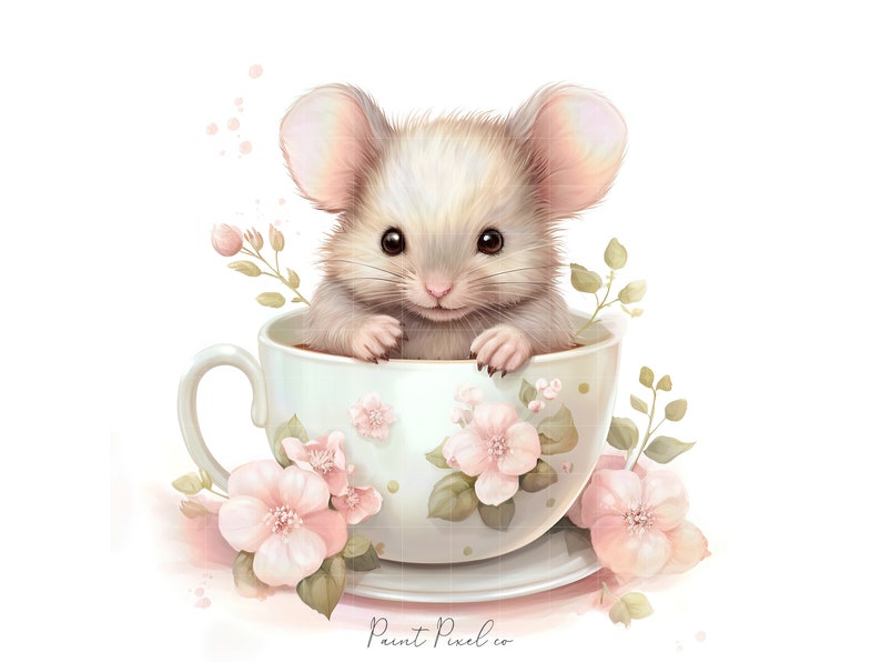 11 Mouse clipart High Quality JPGs Watercolor Cute Mice inside a tea cup clip art Sublimation Junk Journal Paper crafting Commercial License image 4
