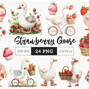 Strawberry Goose Clipart Cute Geese Soft Whimsy PNG Spring Cottagecore nursery Sweet Strawberries card making graphics Instant Download