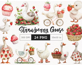 Strawberry Goose Clipart Cute Geese Soft Whimsy PNG Spring Cottagecore nursery Sweet Strawberries card making graphics Instant Download