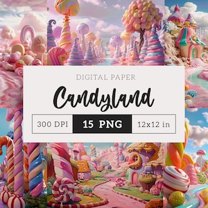 Op de afbeelding: Een digitaal papierpakket met 15 afbeeldingen van een fantasierijk snoepland. De afbeeldingen zijn 30,5 x 30,5 cm en 300 DPI. De afbeeldingen tonen een roze en blauw snoepland met snoepstokbomen, lolly-huizen en een pad gemaakt van snoep.