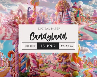 Candyland Digital Paper PNG Fantasy Ephemera Background Sweet Landscape Sublimation Junk Journal Scrapbooking illustration 12x12 paper