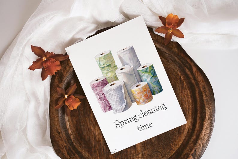 May include: A watercolour illustration of a stack of colourful paper towel rolls with the text "Spring cleaning time".
