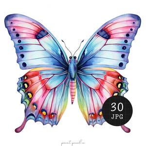 30 papillons pastel JPG aquarelles Clipart imprimable décoration murale art graphique mignon carte graphique technique mixte fond blanc