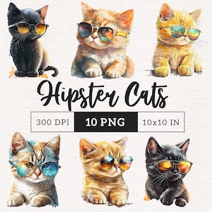 Chat clipart Chat PNG Hipster cool chat avec des lunettes clipart chaton Sublimation carte faisant scrapbook Utilisation commerciale gratuite PNG impression à la demande