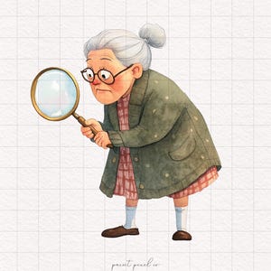4 Vecchia donna eccentrica Clipart Detective Nonna con lente d'ingrandimento PNG Stravagante Divertente Cartone animato Sublimazione Stravagante clipart Sciocco Vecchie signore