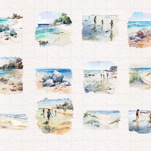 May include: A collection of 10 watercolor paintings depicting various beach scenes. The paintings feature sandy beaches, clear blue water, and people enjoying the outdoors. Some paintings include rocks, trees, and grassy areas.