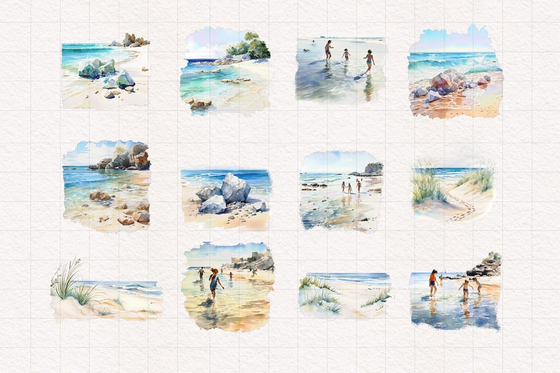 May include: A collection of 10 watercolor paintings depicting various beach scenes. The paintings feature sandy beaches, clear blue water, and people enjoying the outdoors. Some paintings include rocks, trees, and grassy areas.