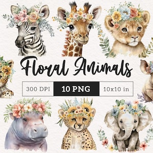 Ensemble PNG d&#39;animaux de safari Animaux de la jungle Couronne de fleurs Clipart de baby shower Sublimation Décoration de fête Sticker art pour chambre d&#39;enfant Utilisation commerciale gratuite