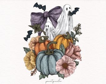 Floral Halloween Ghost PNG Spooky Season PNG Vintage Halloween design Pumpkin PNG Fall png Autumn Shirt Halloween Autumn Print on demand