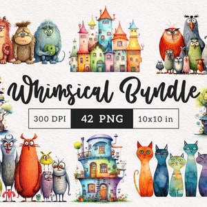 Whimsical clipart PNG Bundle watercolor quirky creatures elongated cat Whimsy Sublimation transfer clip art cute graphic illustration house