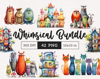 Whimsical clipart PNG Bundle watercolor quirky creatures elongated cat Whimsy Sublimation transfer clip art cute graphic illustration house