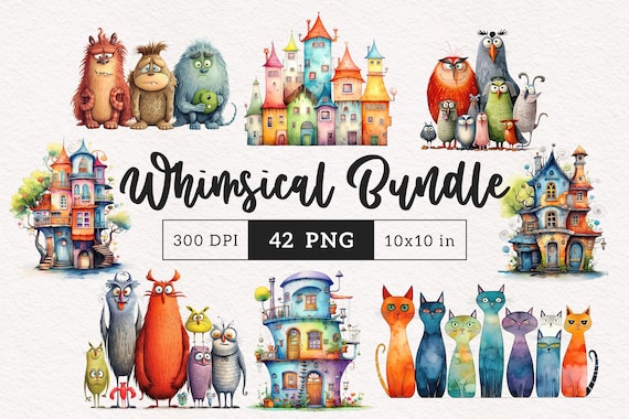 Whimsical clipart PNG Bundle watercolor quirky creatures elongated cat Whimsy Sublimation transfer clip art cute graphic illustration house