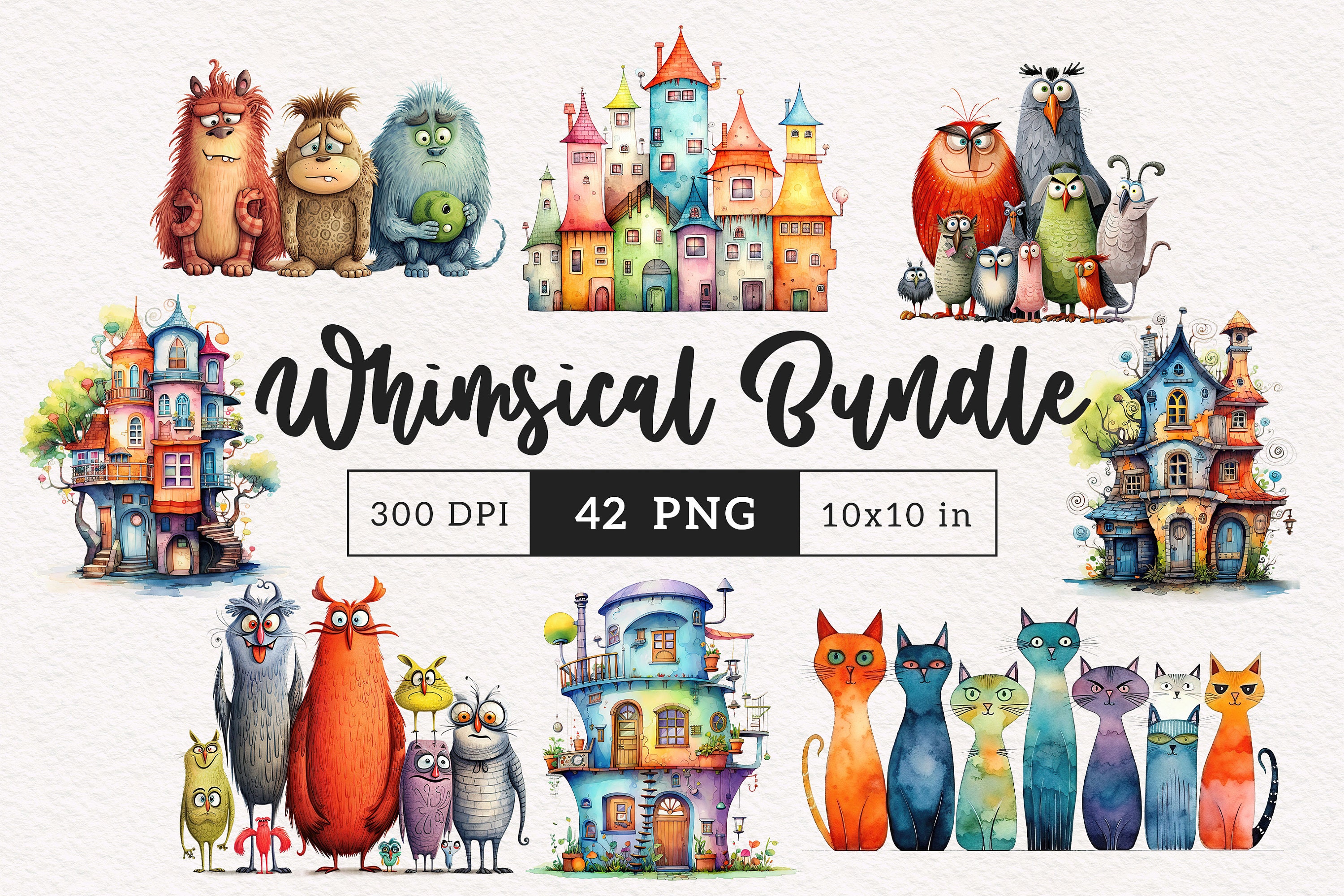 Whimsical clipart PNG Bundle watercolor quirky creatures elongated cat Whimsy Sublimation transfer clip art cute graphic illustration house