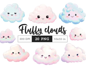 Fluffy clouds PNG clipart kids Clip art Cartoon graphics nursery illustrations Sublimation Transfer Journaling Scrapbook Digital paper craft