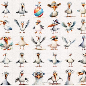 K&ouml;nnte beinhalten: Eine Sammlung von 40 Aquarell-Illustrationen von Cartoon-M&ouml;wen in verschiedenen Posen und Ausdr&uuml;cken. Die M&ouml;wen sind mit verschiedenen Accessoires wie H&uuml;ten, Sonnenbrillen und Blumen dargestellt.