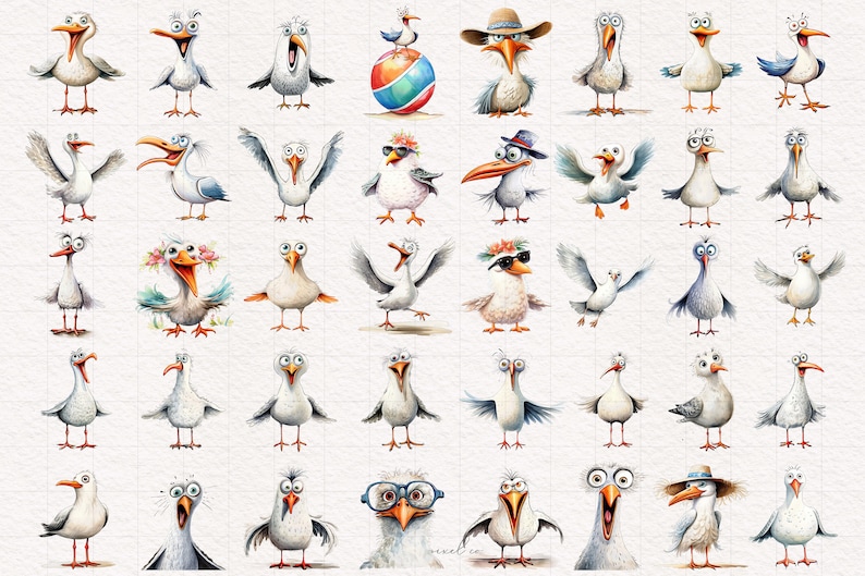 K&ouml;nnte beinhalten: Eine Sammlung von 40 Aquarell-Illustrationen von Cartoon-M&ouml;wen in verschiedenen Posen und Ausdr&uuml;cken. Die M&ouml;wen sind mit verschiedenen Accessoires wie H&uuml;ten, Sonnenbrillen und Blumen dargestellt.