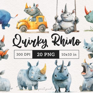 Quirky Rhino PNG Funny Rhinoceros Clipart Silly Safari Animals Clipart African Wildlife PNG Whimsical Sublimation Cartoon Rhinos Nursery art