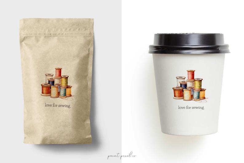 May include: A brown paper bag and a white coffee cup with a design of colorful spools of thread. The text "love for sewing" is printed on both items.